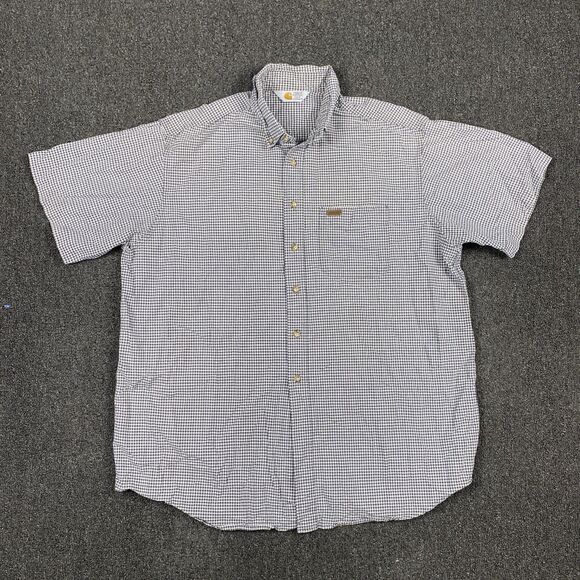 VTG Carhartt Shirt Button Up Plaid Chest Pocket Short Sleeve Crewneck Size XL - Picture 1 of 6
